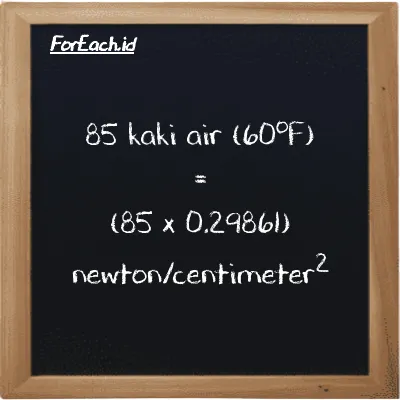 Cara konversi kaki air (60<sup>o</sup>F) ke newton/centimeter<sup>2</sup> (ftH2O ke N/cm<sup>2</sup>): 85 kaki air (60<sup>o</sup>F) (ftH2O) setara dengan 85 dikalikan dengan 0.29861 newton/centimeter<sup>2</sup> (N/cm<sup>2</sup>)